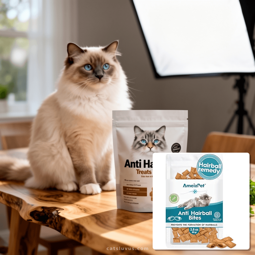 Anti Hairball Treats with cat - professional product lifestyle photo