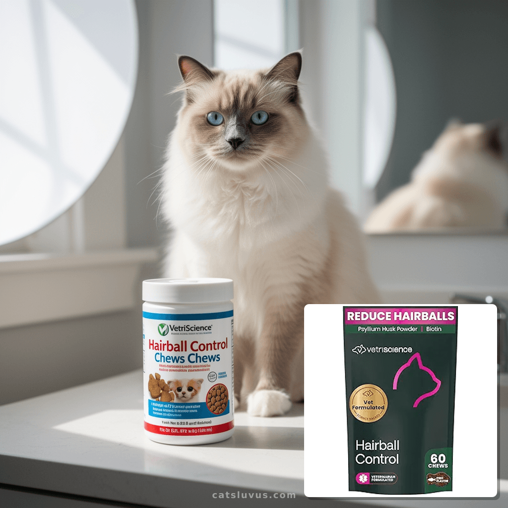 VetriScience Hairball Control Chews with cat - professional product lifestyle photo