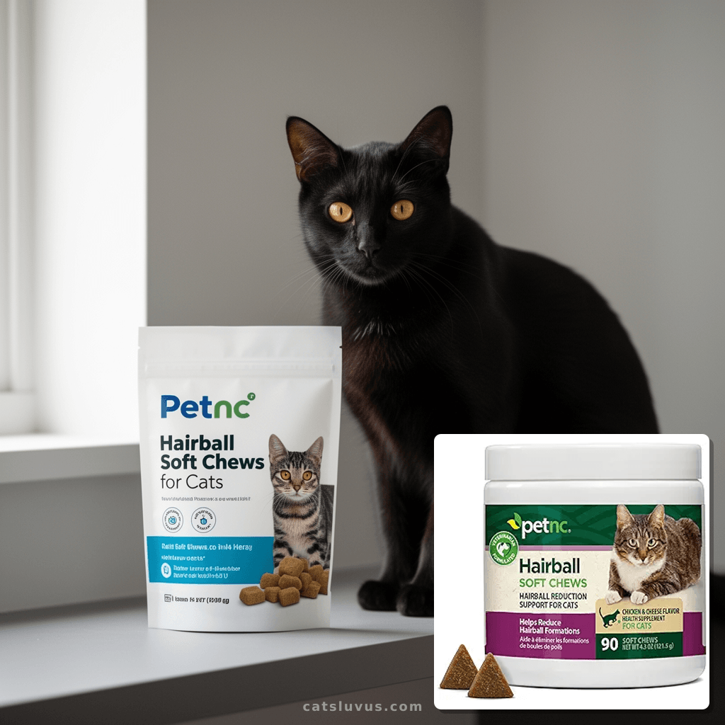 Petnc Hairball Soft Chews for Cats with cat - professional product lifestyle photo