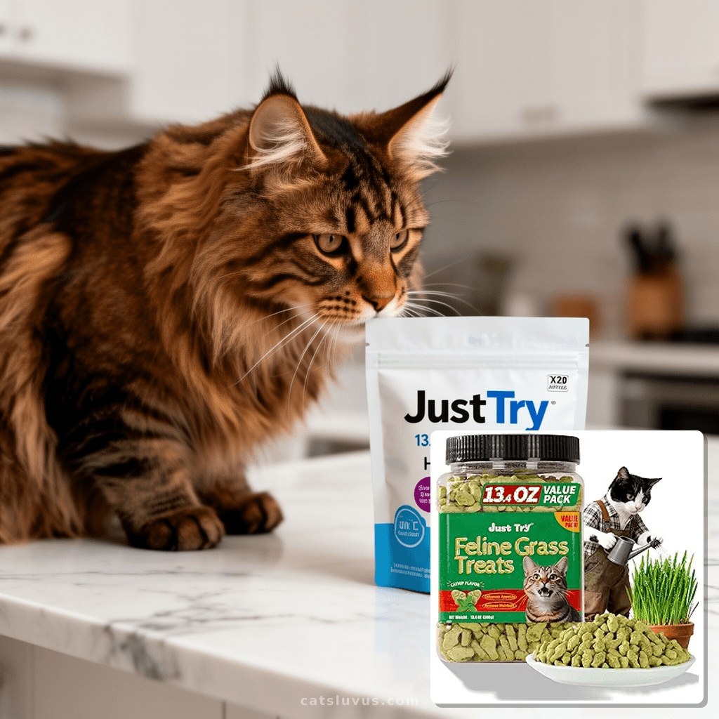 Just Try 13.4 OZ Cat Treats for Indoor Cats Hairball Control with cat - professional product lifestyle photo