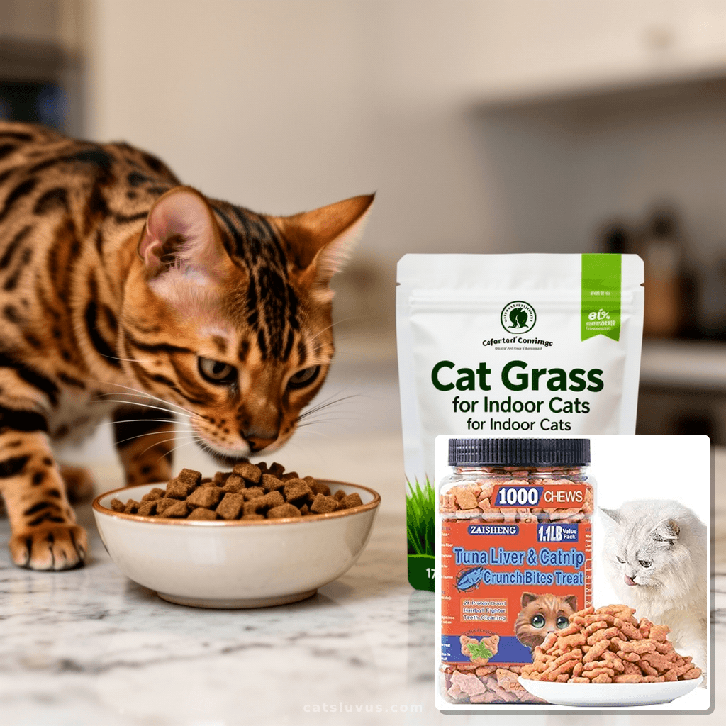 17.6 oz Cat Grass Treats for Indoor Cats - Hairball Control with cat - professional product lifestyle photo