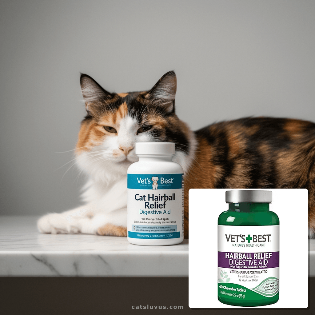 Vet’s Best Cat Hairball Relief Digestive Aid with cat - professional product lifestyle photo
