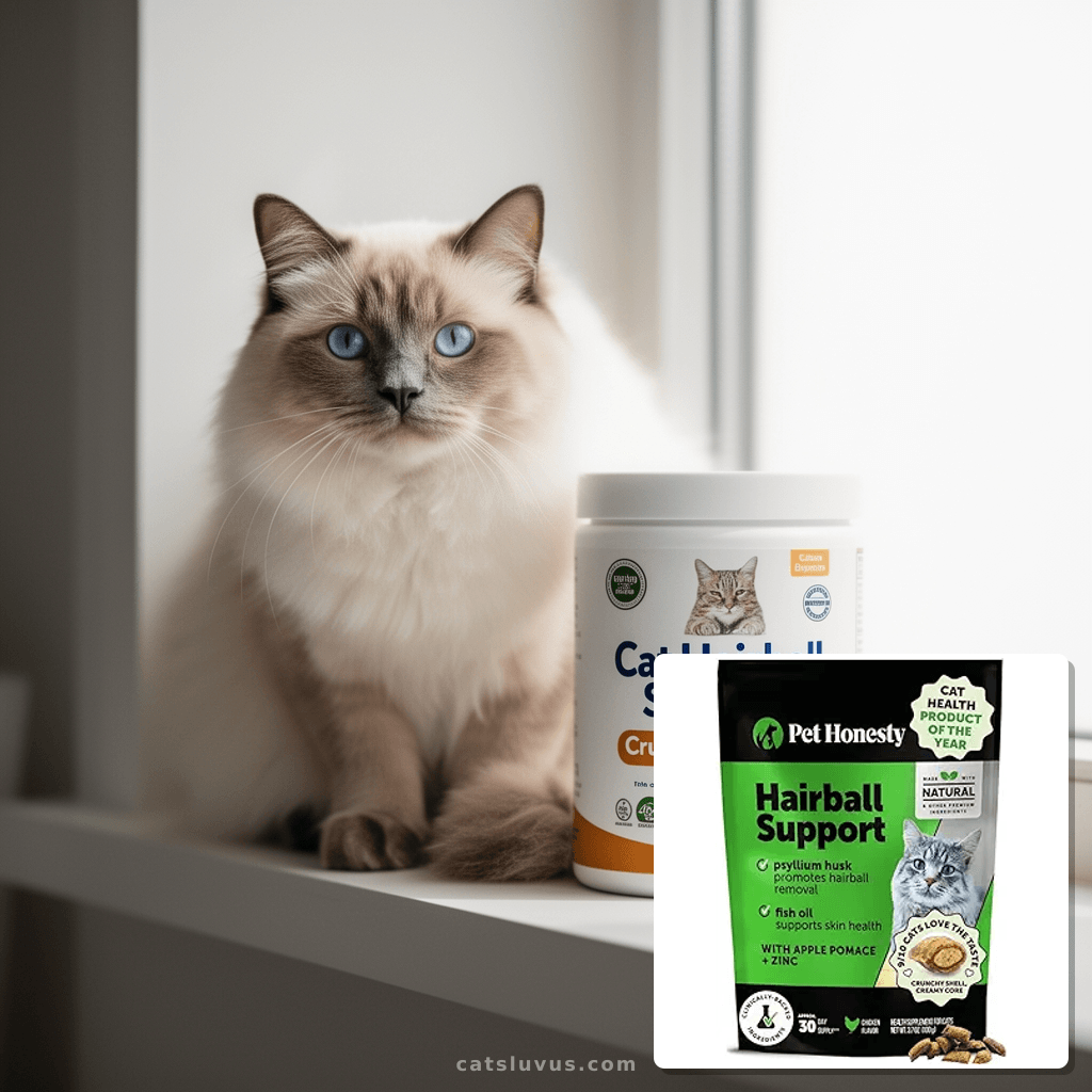 Cat Hairball Support Crunchy & Creamy Chews with cat - professional product lifestyle photo