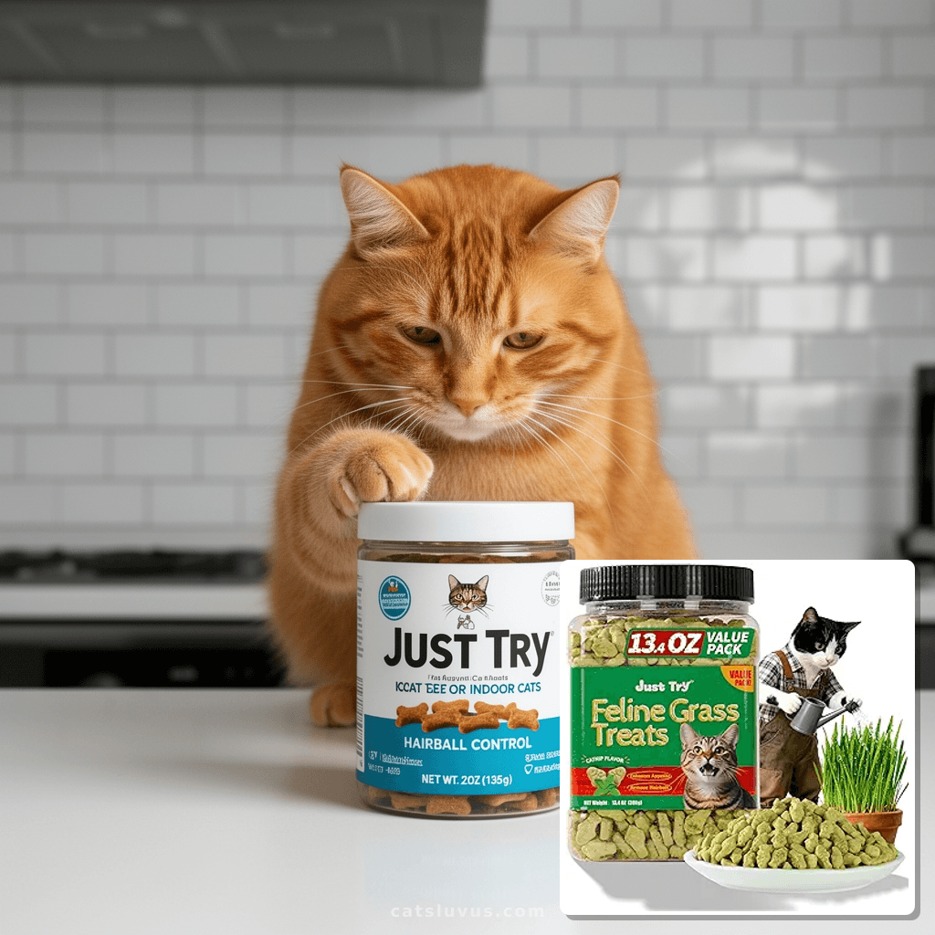 Just Try 13.4 OZ Cat Treats for Indoor Cats Hairball Control with cat - professional product lifestyle photo