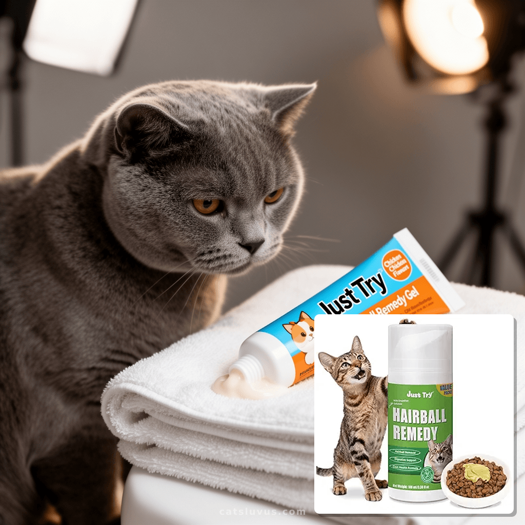 Just Try 3.38oz Cat Hairball Remedy Gel Chicken Flavor Paste with cat - professional product lifestyle photo