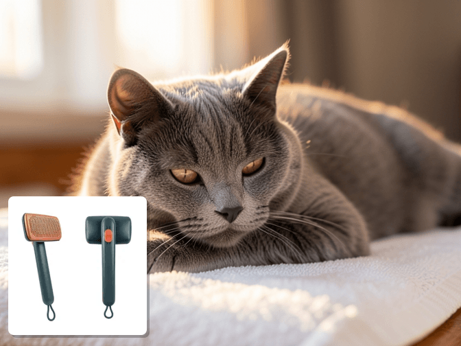 Cat owner reviewing cat grooming brush to reduce hairballs options for their pet in 2026
