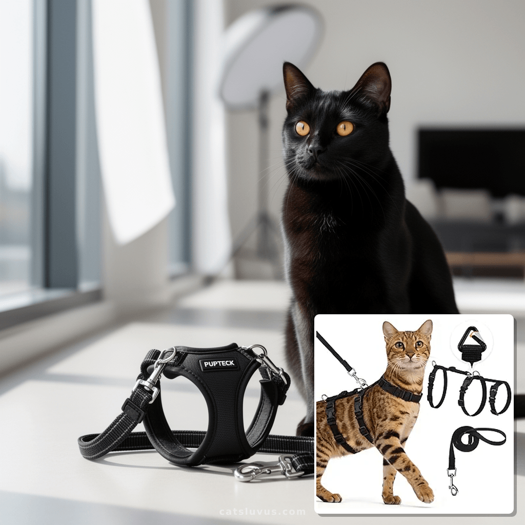 PUPTECK Cat Harness and Leash Set with cat - professional product lifestyle photo