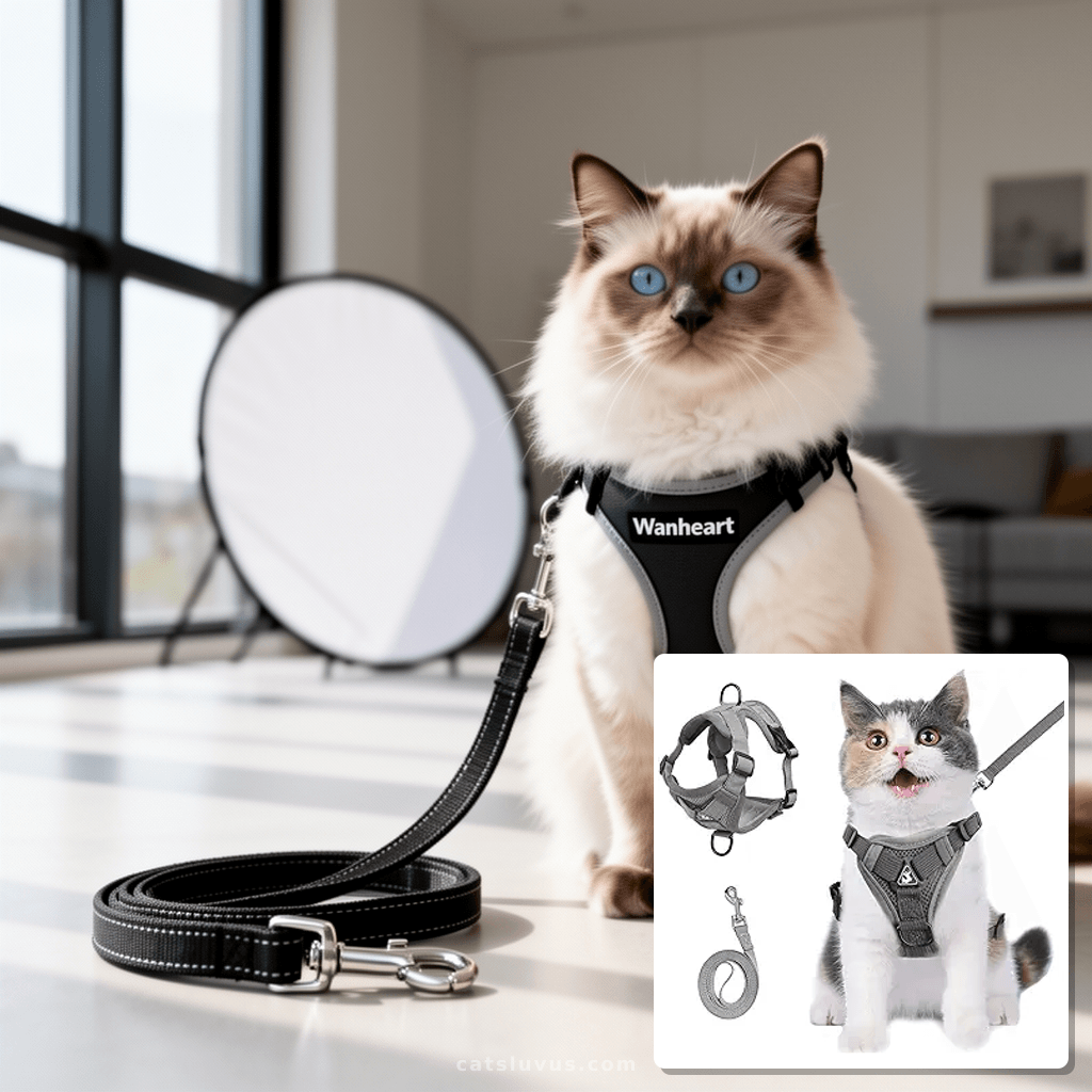 Wanheart cat Chest Harness and Leash with cat - professional product lifestyle photo