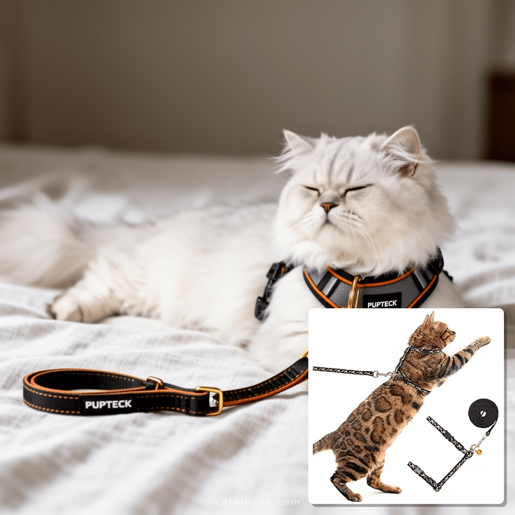 PUPTECK Adjustable Cat Harness and Leash Set Escape Proof with cat - professional product lifestyle photo