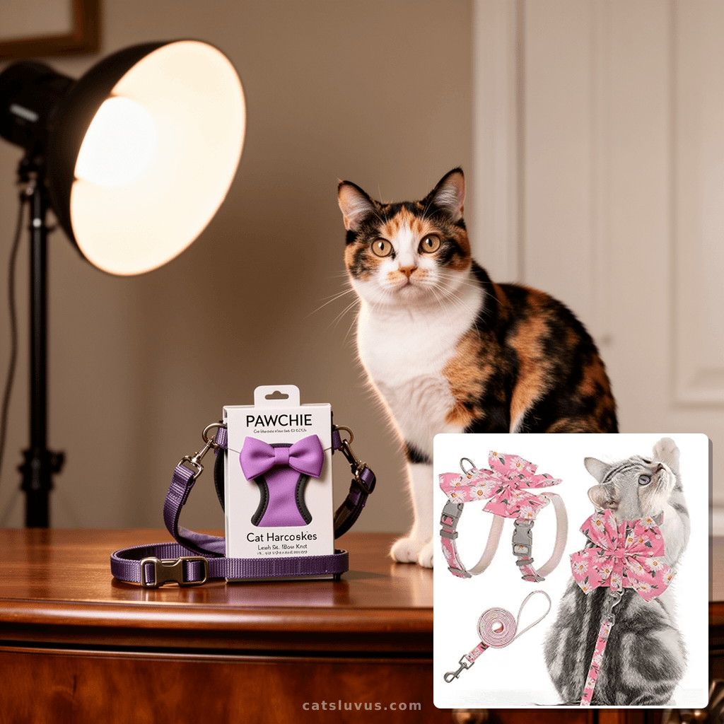 PAWCHIE Cat Harness and Leash Set with Bow Knot with cat - professional product lifestyle photo