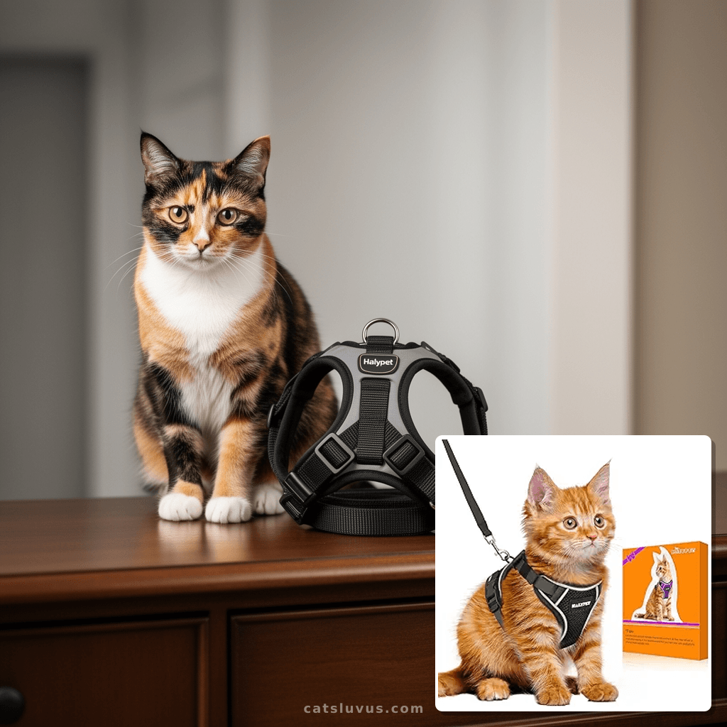 Halypet Cat Harness and Leash Set - MAX Safety 4th-Gen with cat - professional product lifestyle photo