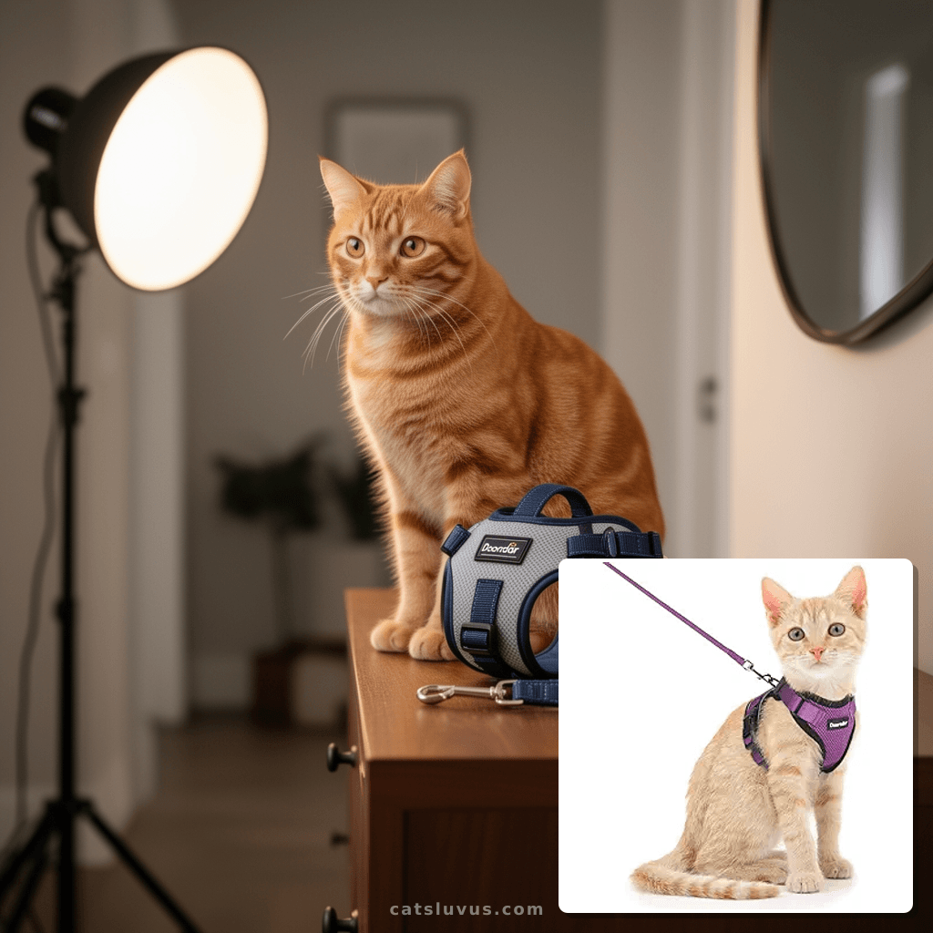 Dooradar Cat Harness and Leash Set with cat - professional product lifestyle photo