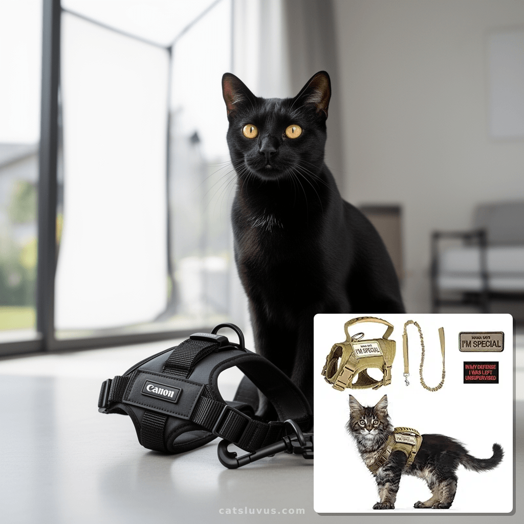 Tactical Cat Harness and Leash Set for Walking Escape Proof  with cat - professional product lifestyle photo