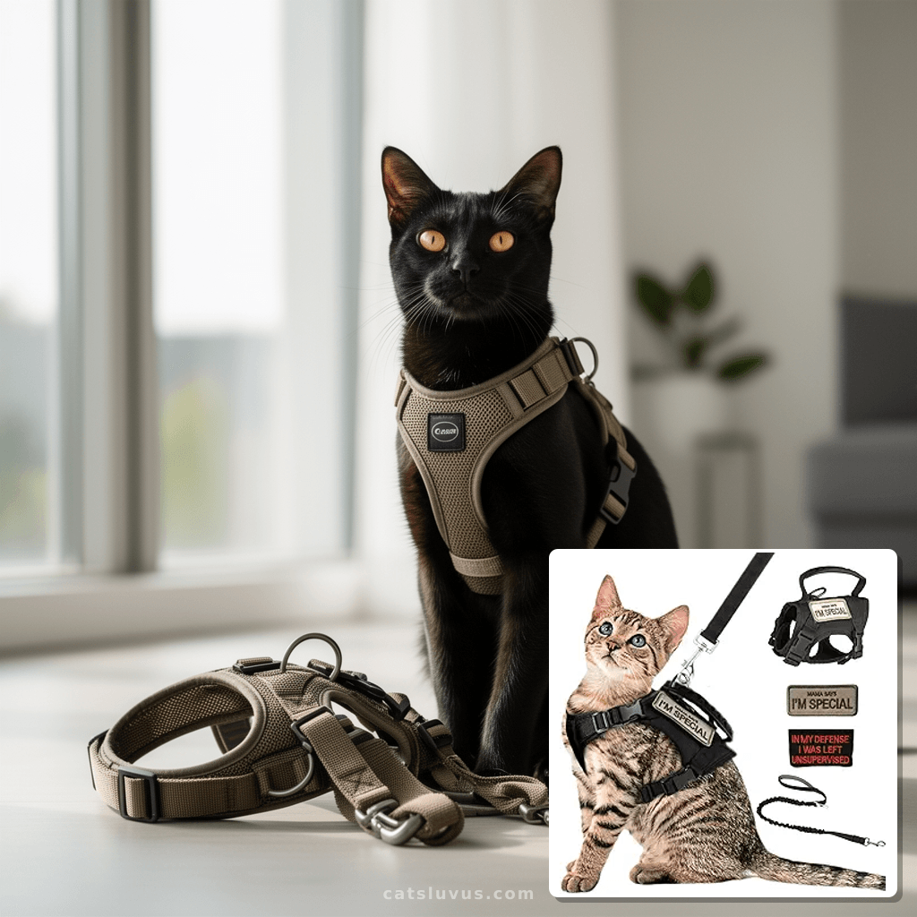 Tactical Cat Harness and Leash Set Soft Mesh Adjustable Larg with cat - professional product lifestyle photo