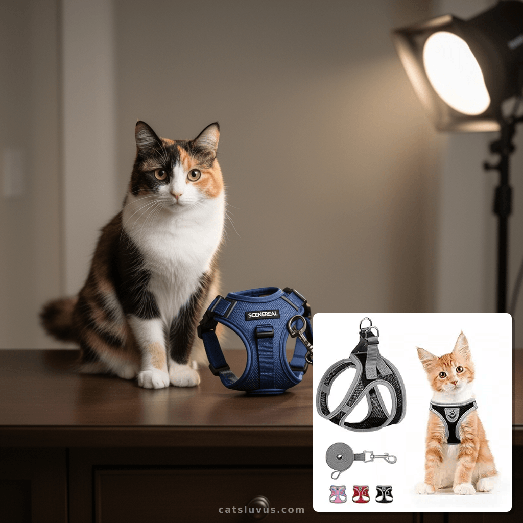 SCENEREAL Cat Harness and Leash Set Escape Proof with cat - professional product lifestyle photo