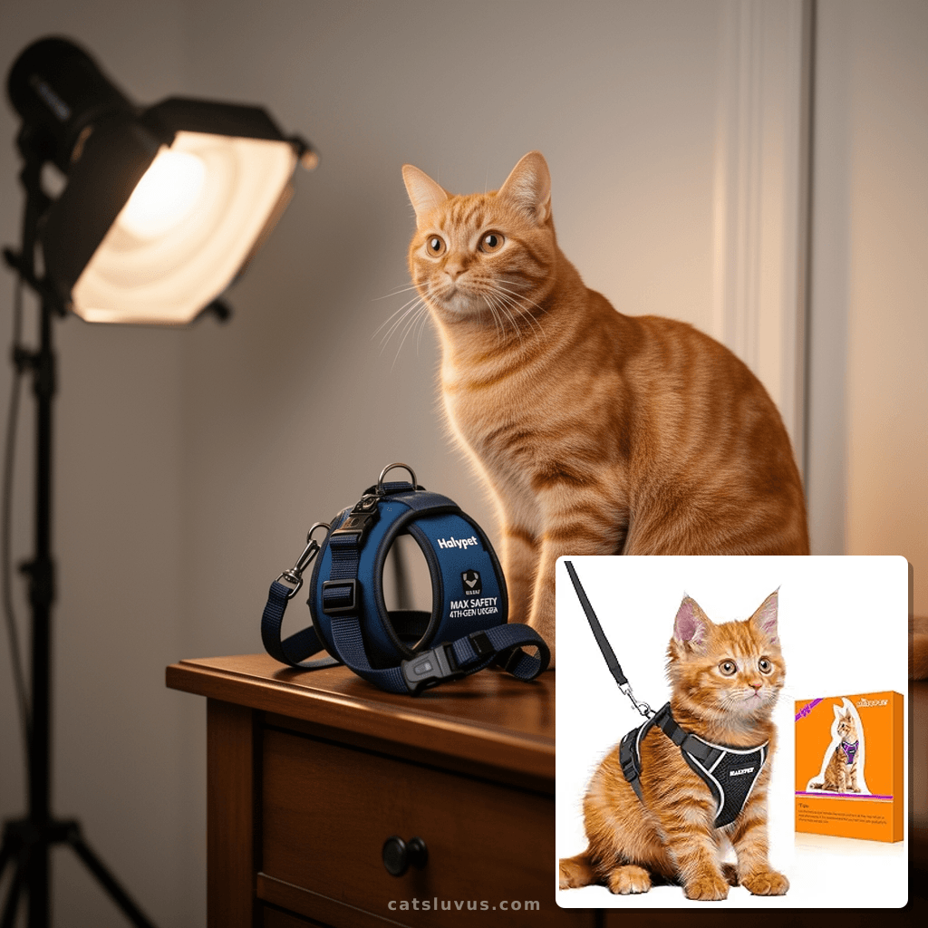 Halypet Cat Harness and Leash Set - MAX Safety 4th-Gen Upgra with cat - professional product lifestyle photo