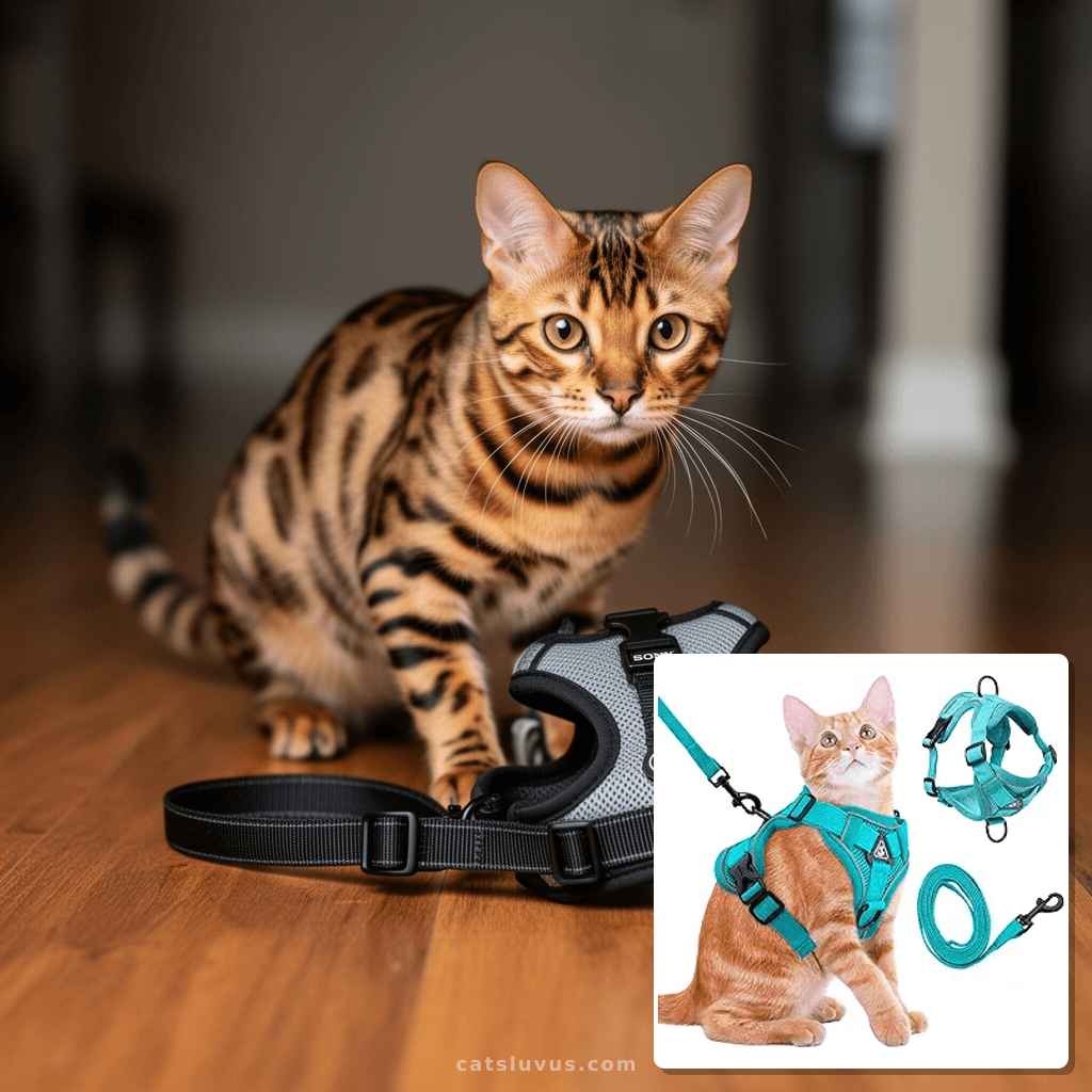 Cat Harness and Leash for Walking Soft Cat Harness Escape Pr with cat - professional product lifestyle photo