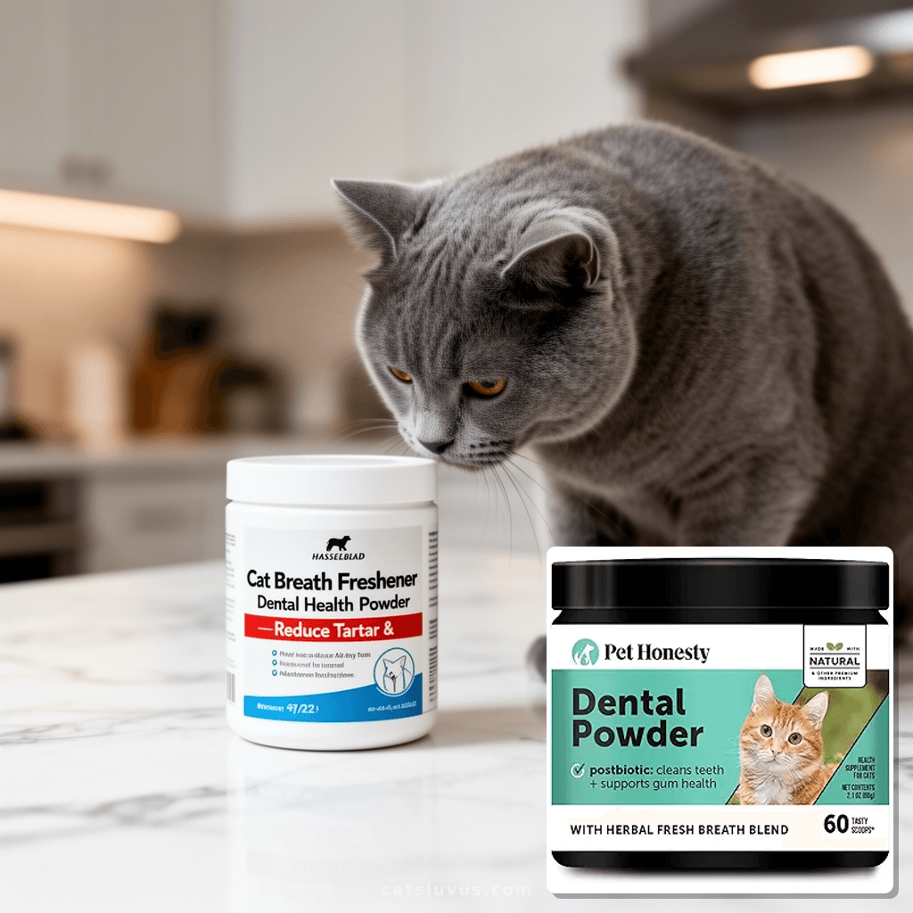 Cat Breath Freshener Dental Health Powder – Reduce Tartar &  with cat - professional product lifestyle photo
