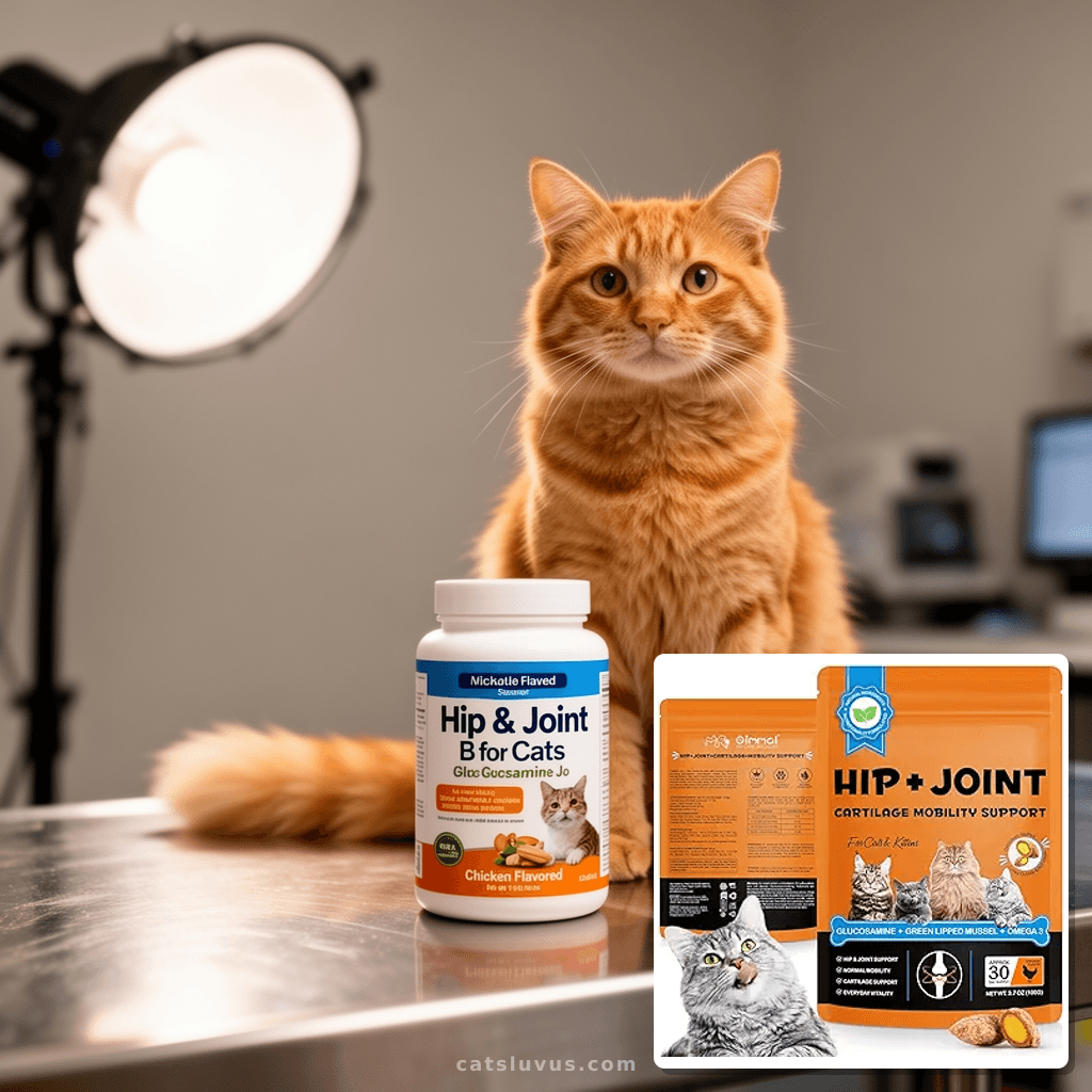Hip & Joint Bites for Cats - Chicken Flavored Glucosamine Jo with cat - professional product lifestyle photo