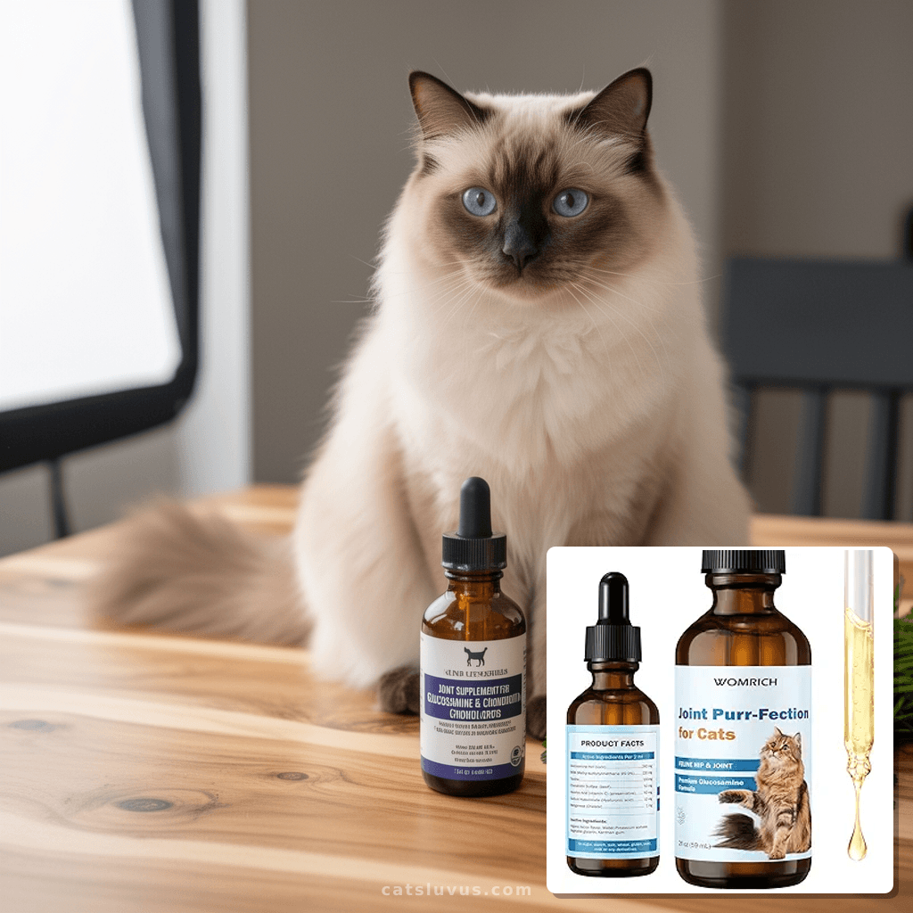 Joint Supplement for Cats - Glucosamine & Chondroitin Drops  with cat - professional product lifestyle photo