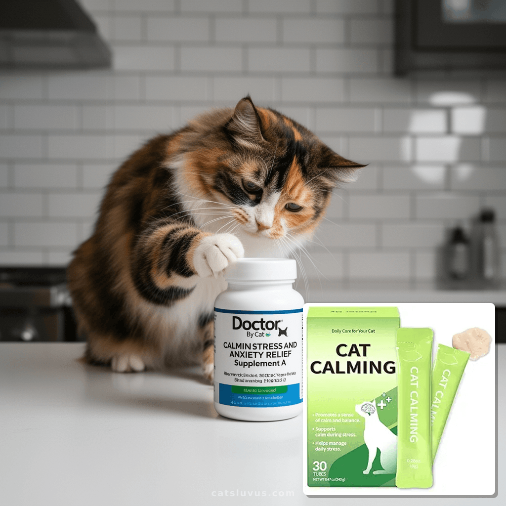 Doctor By Cat Calming Stress and Anxiety Relief Supplement A with cat - professional product lifestyle photo