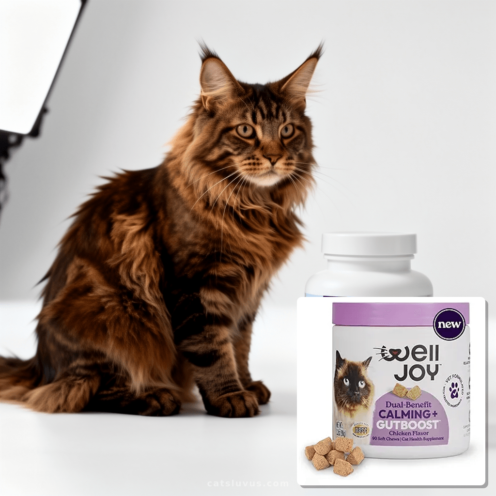 New! WellJoy Cat Supplement Calming+ GutBoost | Cat Health S with cat - professional product lifestyle photo