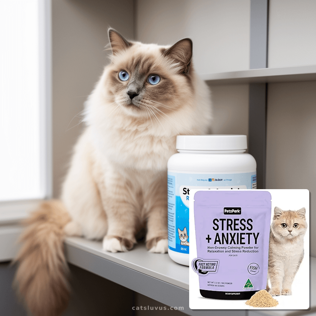Stress & Anxiety Relief for Cats & Kittens - Calming Powder  with cat - professional product lifestyle photo