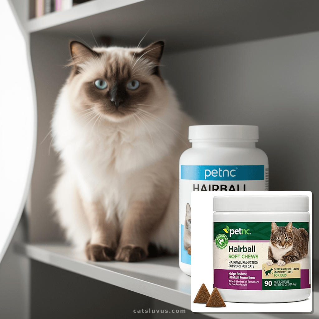Petnc Hairball Soft Chews for Cats with cat - professional product lifestyle photo