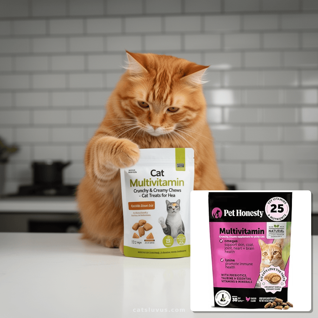 Cat Multivitamin Crunchy & Creamy Chews - Cat Treats for Hea with cat - professional product lifestyle photo