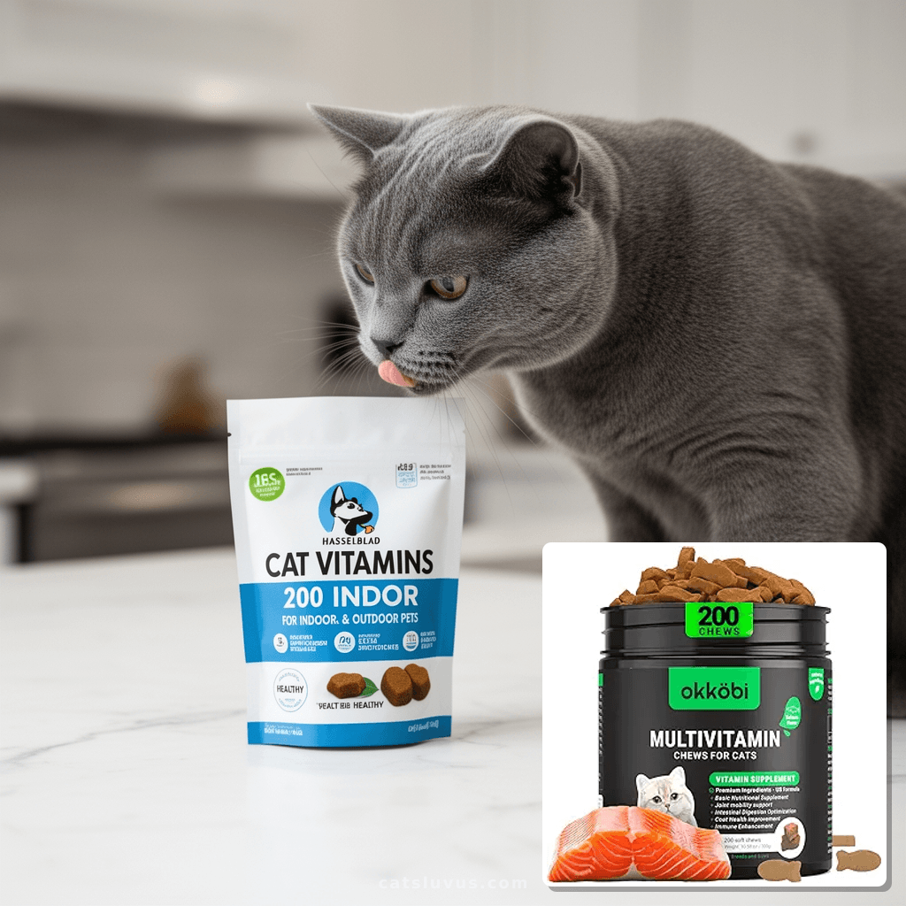 Cat Vitamins for Indoor & Outdoor Pets - 200 Chews - Healthy with cat - professional product lifestyle photo