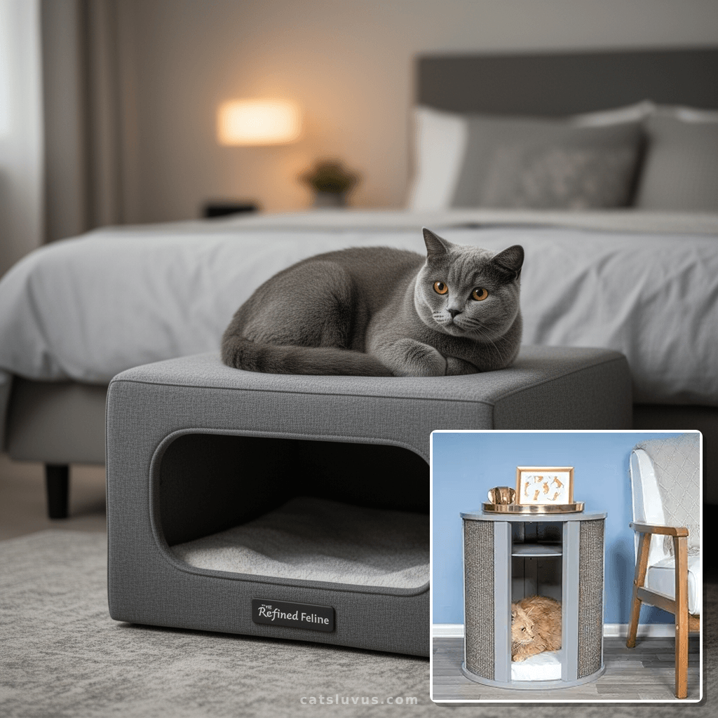 The Refined Feline Purrrrfect End Table Cat Bed Cave in Smok with cat - professional product lifestyle photo
