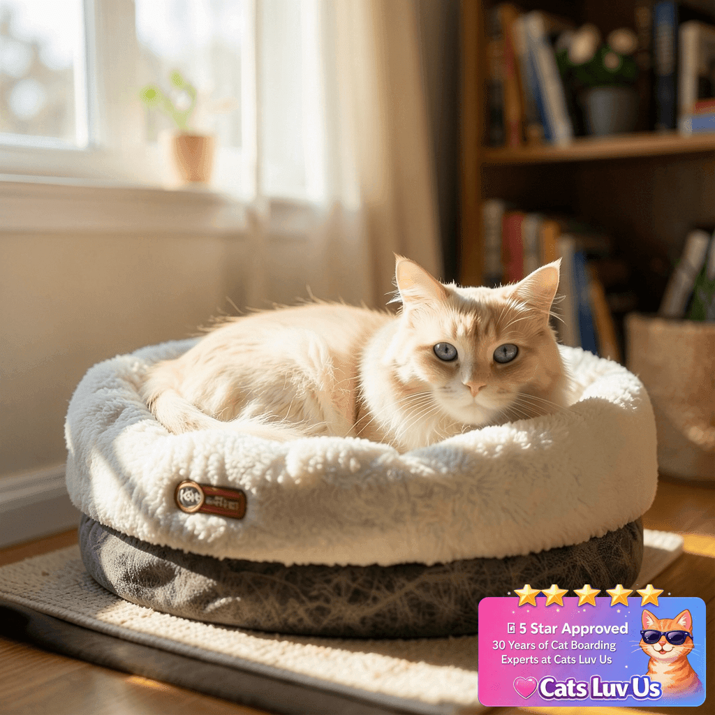K&H Pet Products Heated Cat Bed Indoor with cat - professional product lifestyle photo