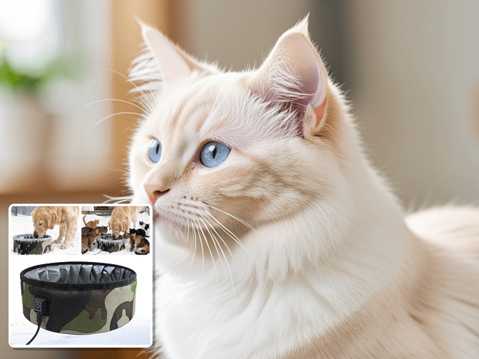 Cat owner reviewing solar heated cat water bowl outdoor options for their pet in 2026