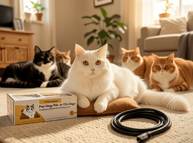 Cat owner reviewing cat heating & cooling products for multiple cats options for their pet in 2026