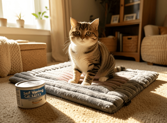 Cat owner reviewing cat heating & cooling products on amazon options for their pet in 2026