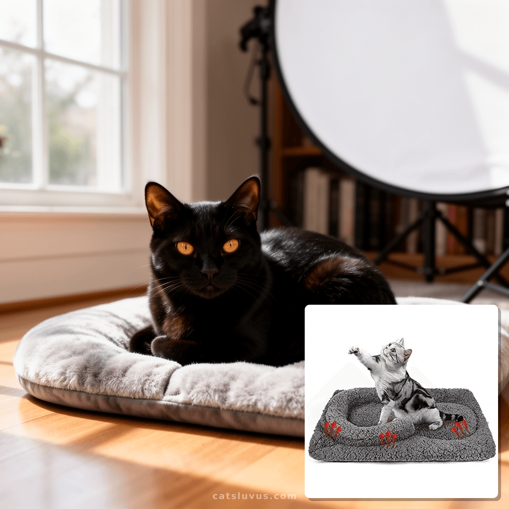 Self Warming Cat Bed Mat with U-Shaped Pillow -24"x18" Soft with cat - professional product lifestyle photo