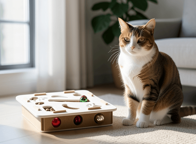 Cat owner reviewing cat enrichment for indoor cats for multiple cats options for their pet in 2026