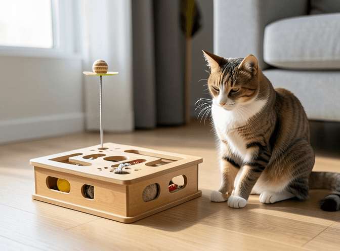 Cat owner reviewing cat enrichment for indoor cats pros and cons options for their pet in 2026