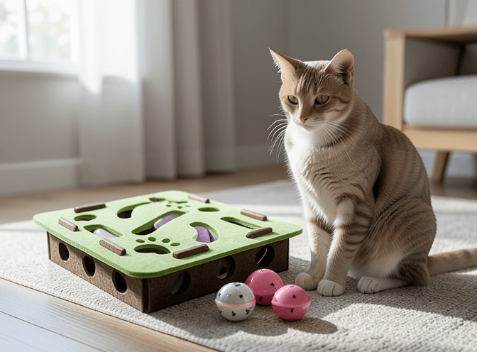 Cat owner reviewing cat enrichment for indoor cats under 50 dollars options for their pet in 2026