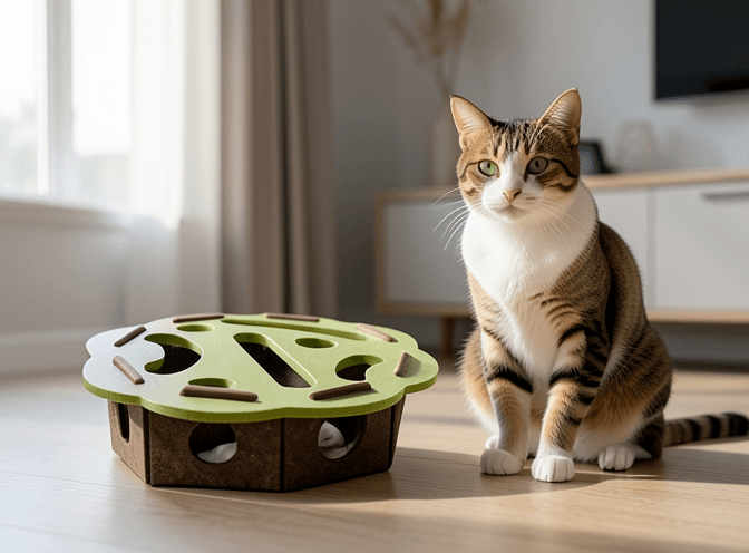 Cat owner reviewing diy cat enrichment for indoor cats options for their pet in 2026