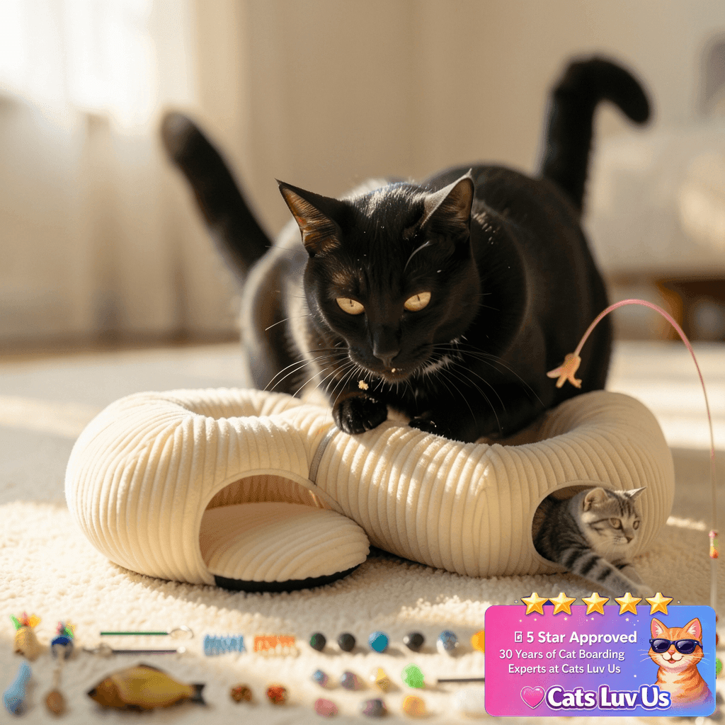 MOYMO Cat Tunnel Bed with 40 Pcs Interactive Cat Toys with cat - professional product lifestyle photo