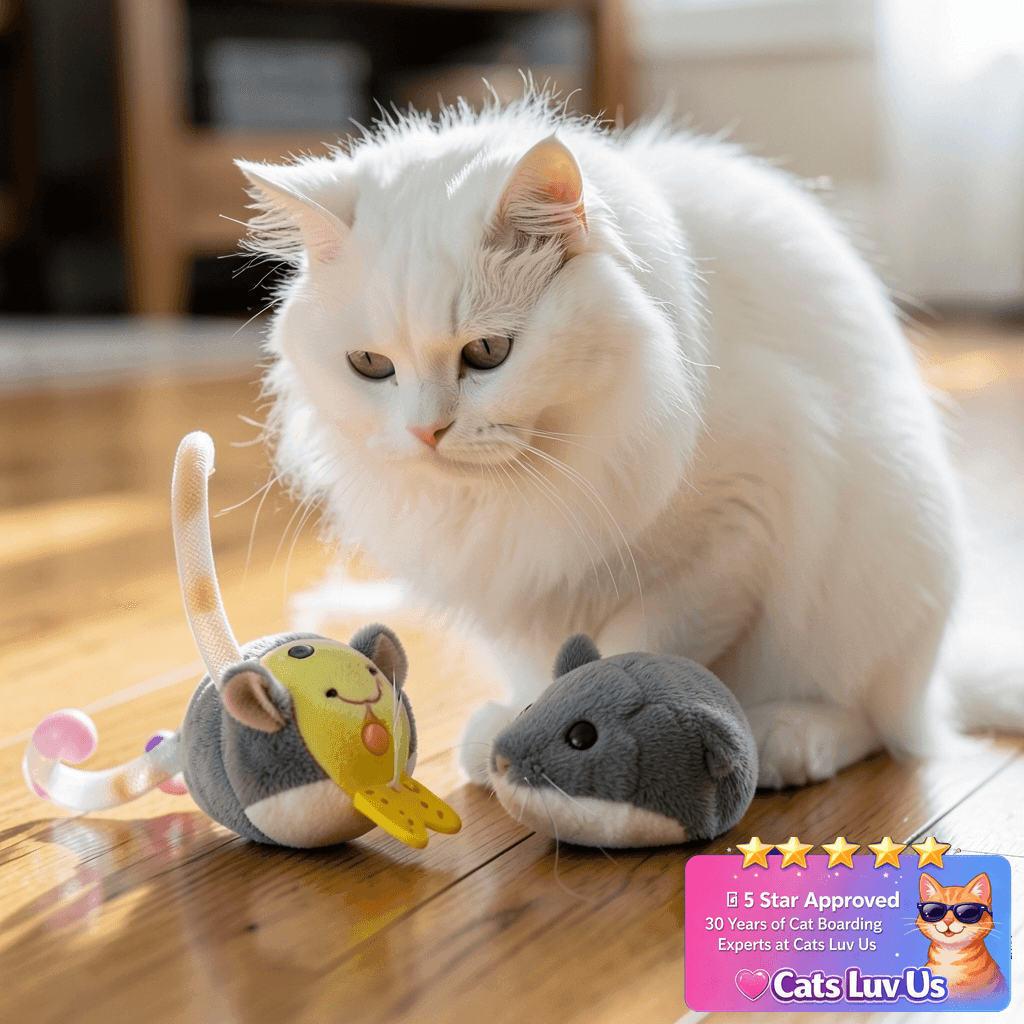 Migipaws Interactive MigiMouse Cat Toy 360° Rolling & Spin with cat - professional product lifestyle photo