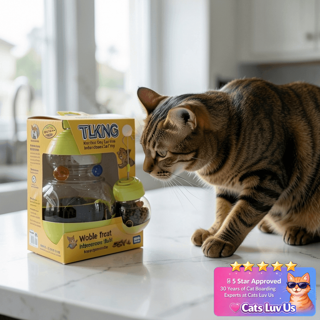 TLKNG Cat Toy for Indoor Cats Wobble Treat Dispenser Ball with cat - professional product lifestyle photo