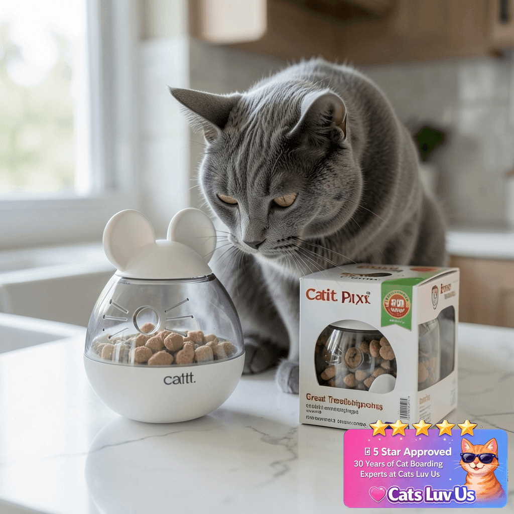 Catit PIXI Treat Dispenser with cat - professional product lifestyle photo