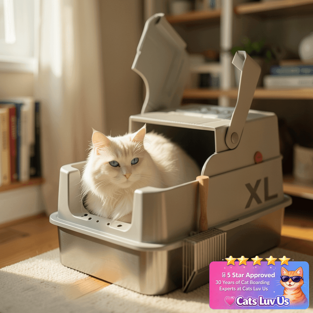 TENTIZON Stainless Steel Cat Litter Box with Lid with cat - professional product lifestyle photo