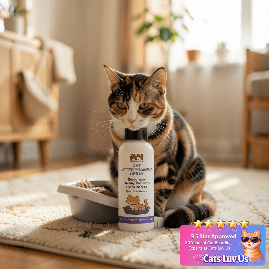 AutumnNest Cat Litter Training Spray – 150ml Natural with cat - professional product lifestyle photo