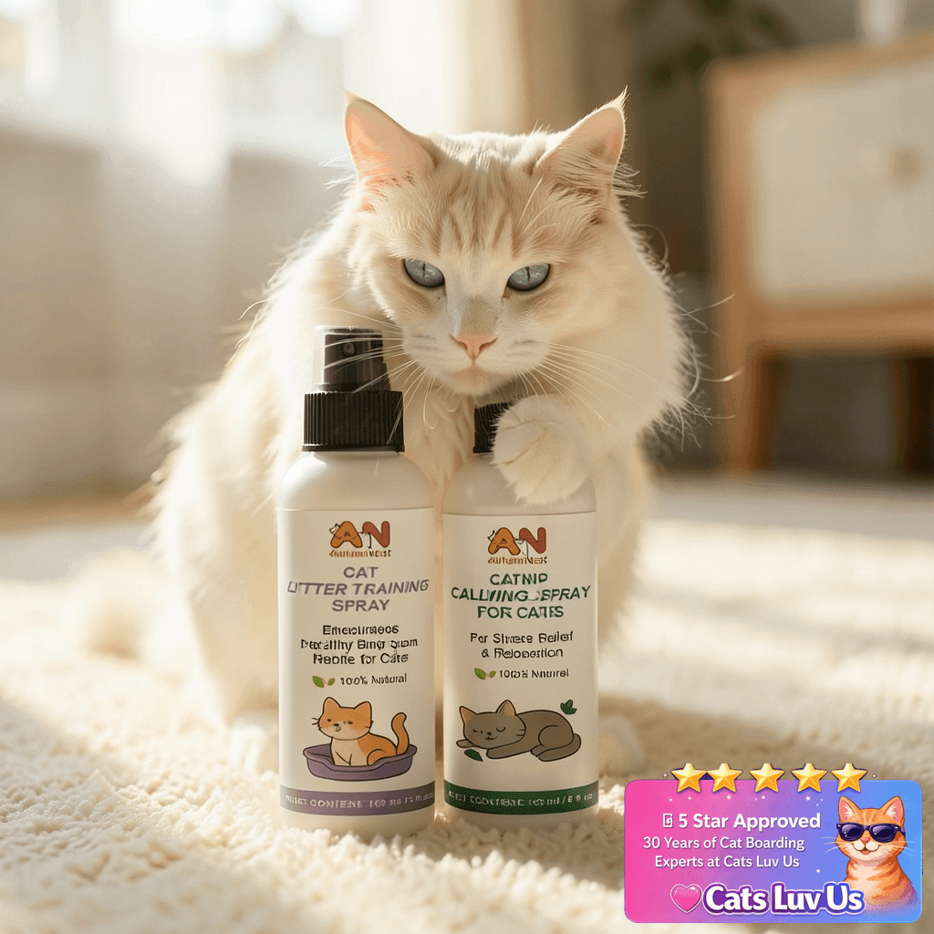 AutumnNest Cats Calming & Litter Training Spray Kit – 2-Pack with cat - professional product lifestyle photo