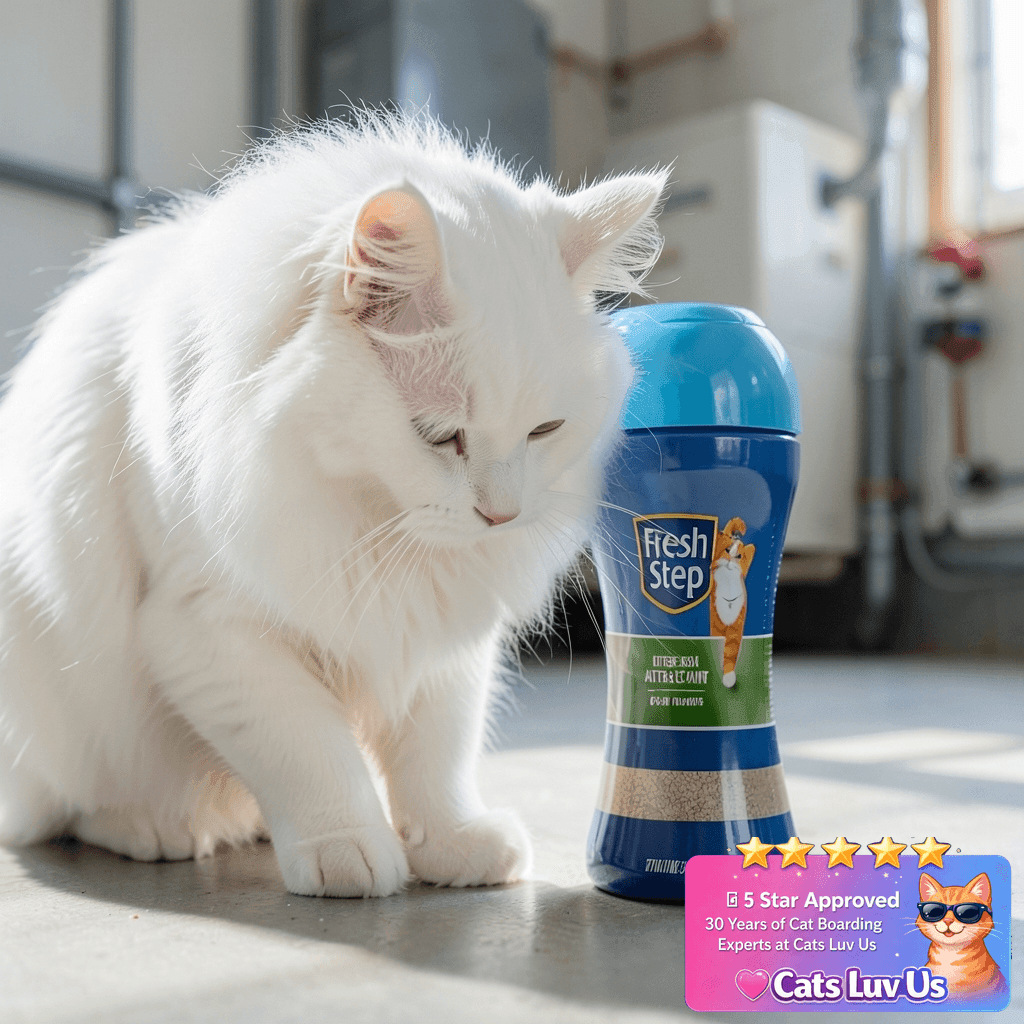 Fresh Step Litter Box Attractant Powder with cat - professional product lifestyle photo