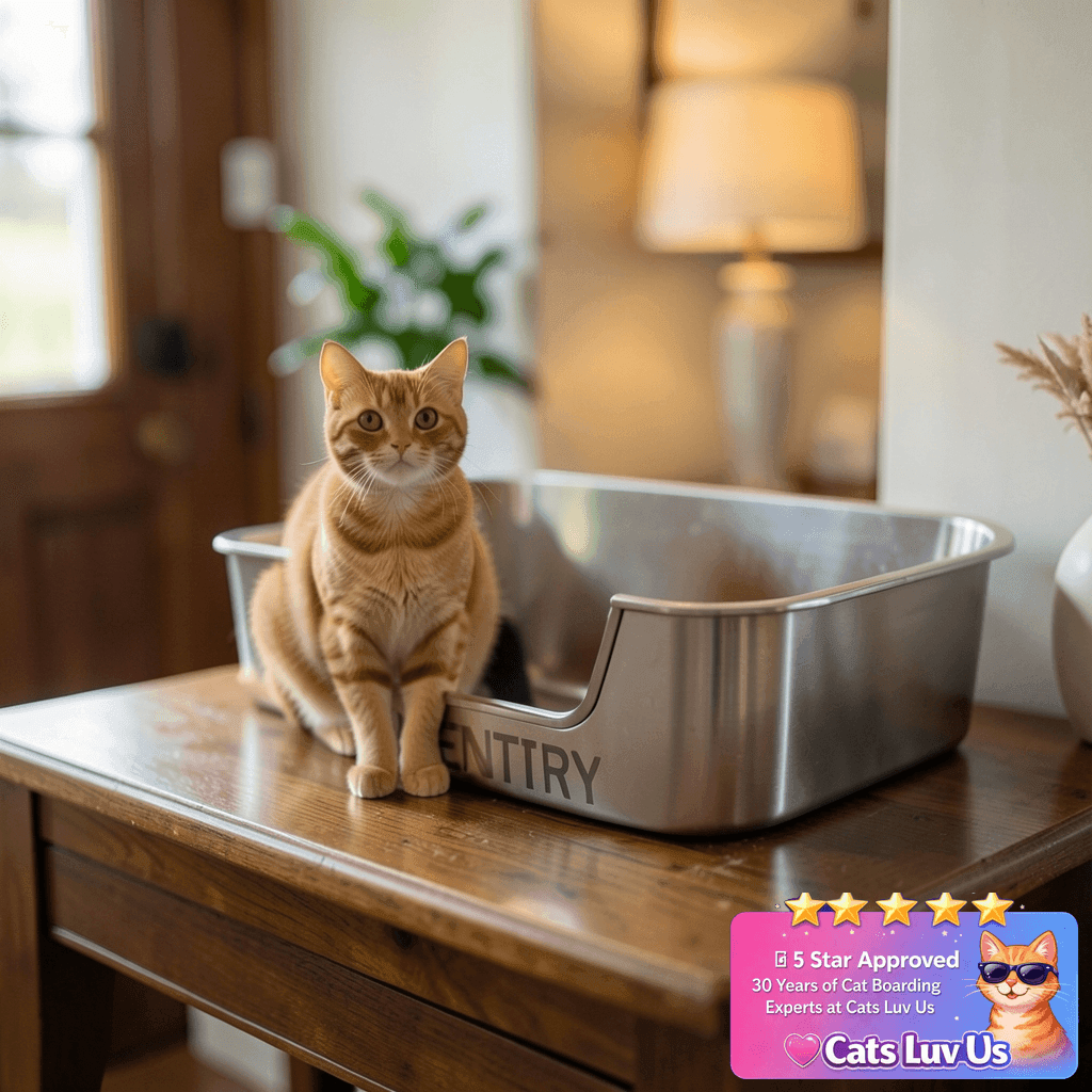 Stainless Steel Cat Litter Box with Low Entry with cat - professional product lifestyle photo