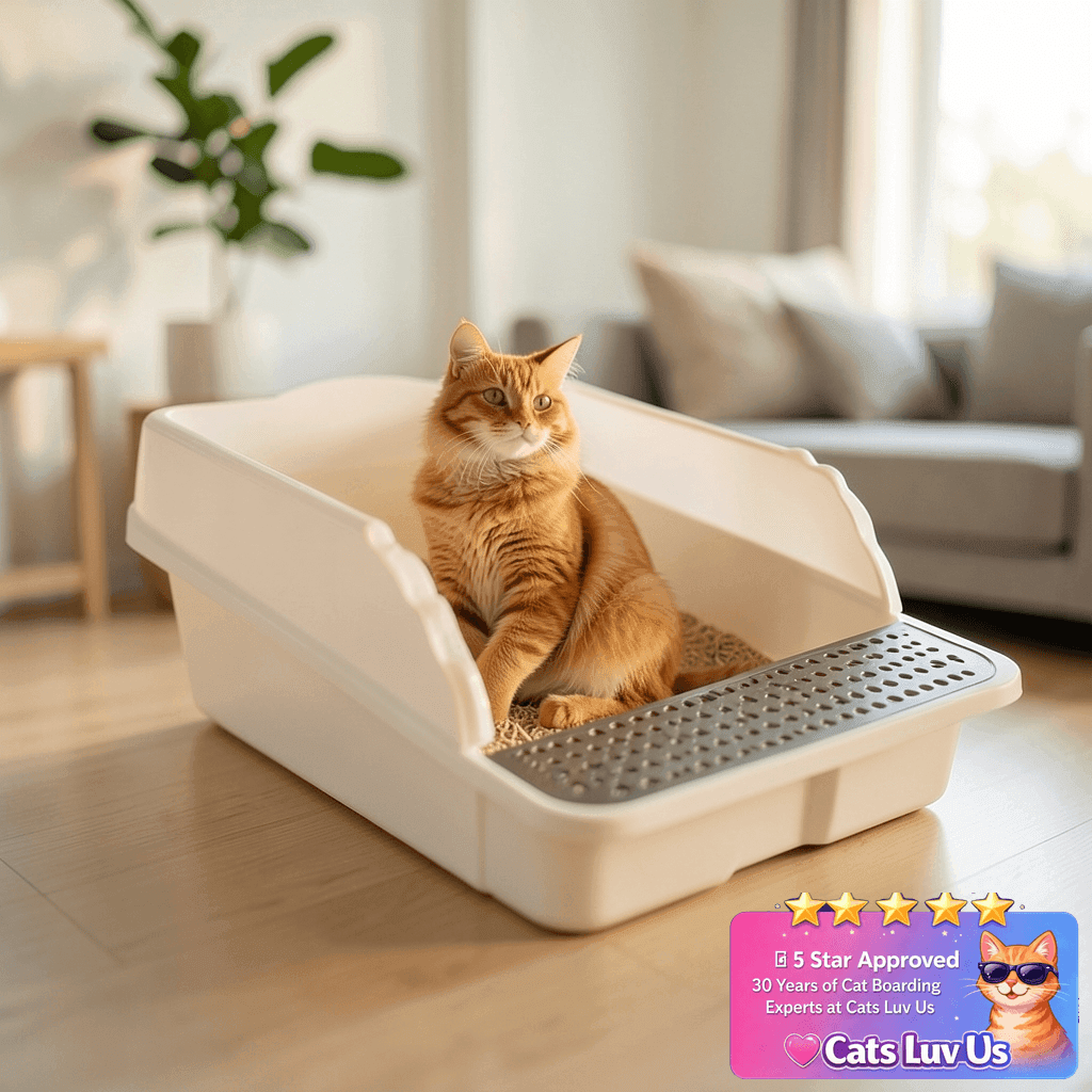 Open Cat Litter Box with High Side with cat - professional product lifestyle photo